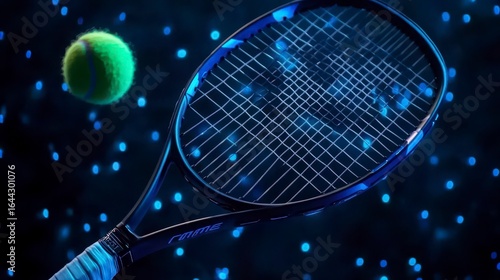 A striking tennis racket and ball in a vibrant, blue glow against a blurred background, capturing the essence of dynamic sports action and excitement