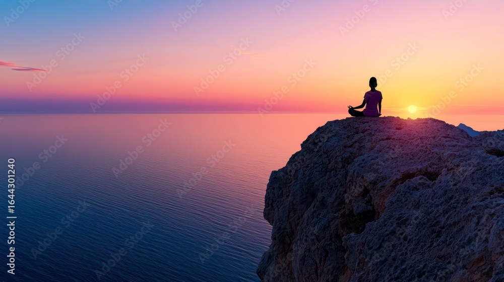 Person meditating on a rocky cliff at sunrise, overlooking a calm ocean with vibrant pink and orange skies Person meditating on a rocky cliff at sunrise, overlooking a calm ocean with vibrant pink and orange skies