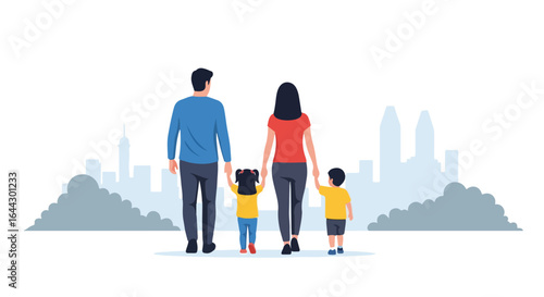 Family walking scene with mom, dad, and two children on city skyline background for a heartwarming moment. Family walking together, holding hands and spending time, creates a peaceful atmosphere.