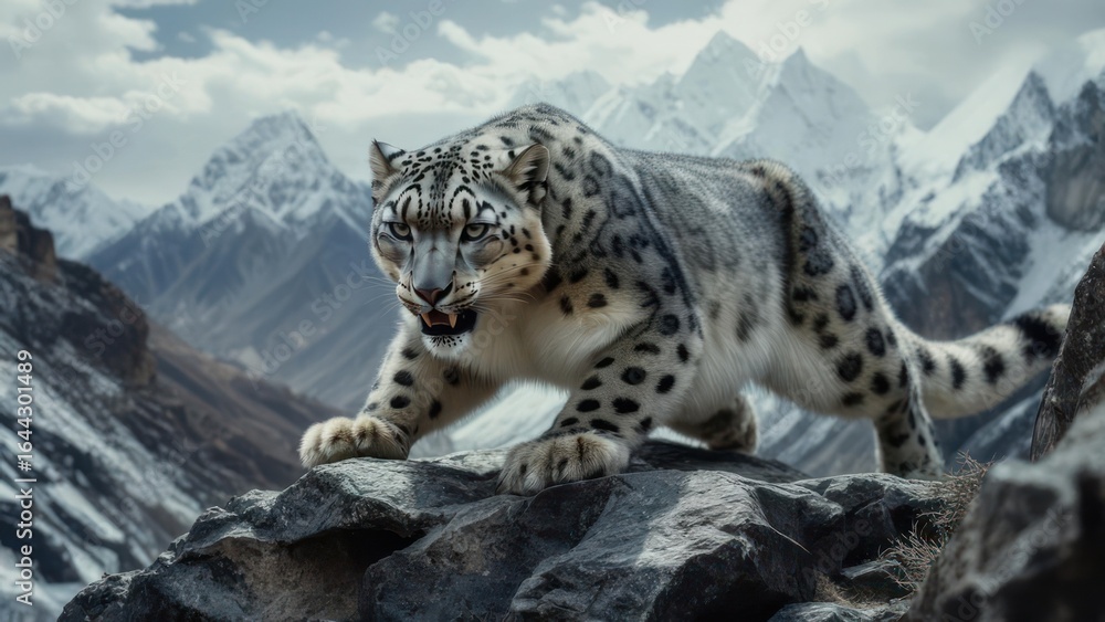 Fototapeta premium Snow leopard on rocky mountain peak