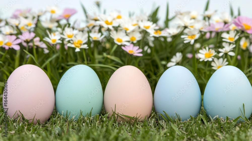 Fototapeta premium Colorful decorative eggs arranged in a row on vibrant green grass, surrounded by beautiful blooming flowers in springtime