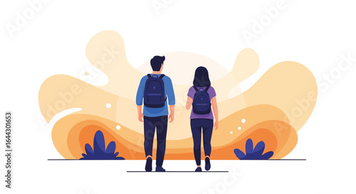 Couple hiking together enjoying scenic landscape. Couple with backpacks walking towards sunset. Romantic couple enjoying nature.