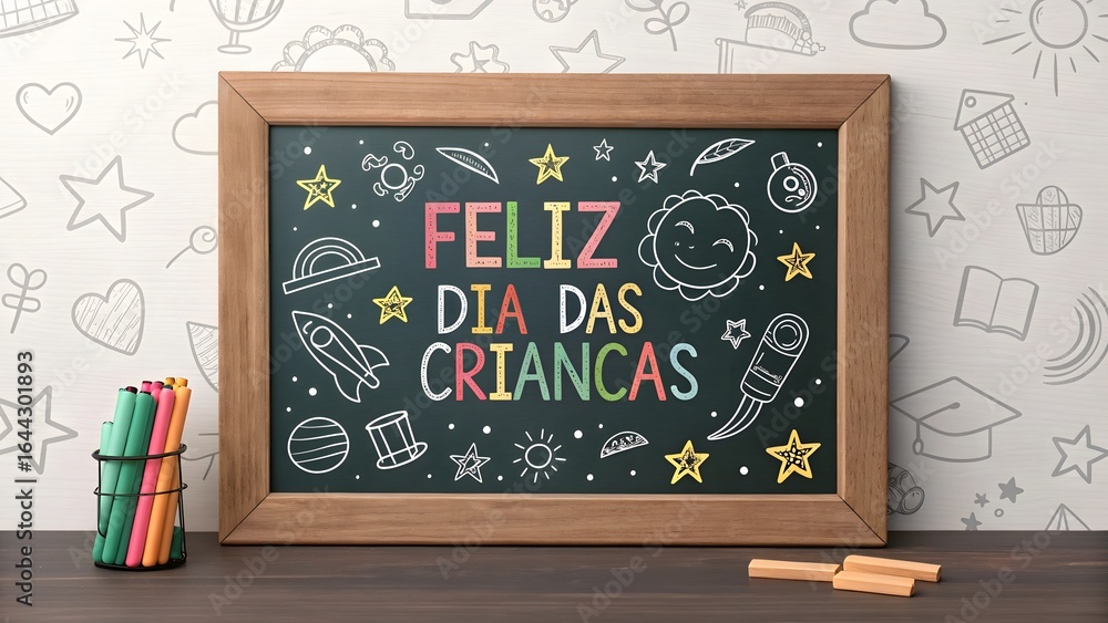 Fototapeta premium Feliz dia das crianças chalkboard with colorful markers and chalk happy kids day art
