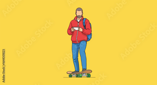 Man on skateboard using smartphone. Young man with backpack standing on longboard checking his phone. Casual urban lifestyle image perfect for blog posts and social media.
