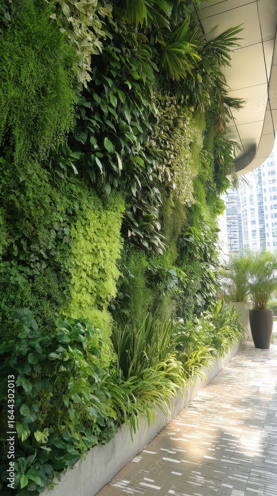 Obraz premium vibrant living wall of greenery, its lush leaves bringing life to urban space, merging architectural with organic in display of urban jungle beauty.
