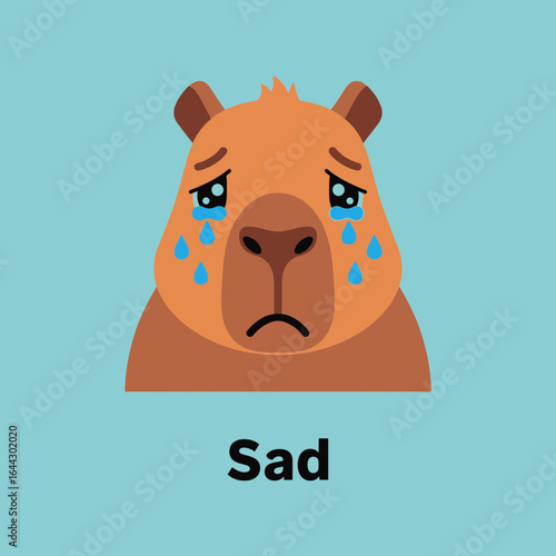 Cartoon capybara face with tears and the word sad.