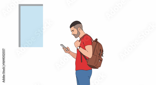 Man checking smartphone near window. Young man with backpack uses mobile phone application. Stylish man with beard in red shirt looks at phone screen.