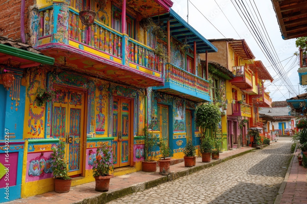 Fototapeta premium Vibrant rainbow-hued houses with ornate balconies and terracotta rooftops line the cobblestone streets of Salento, Quindio, Colombia, showcasing the town's rich cultural heritage.