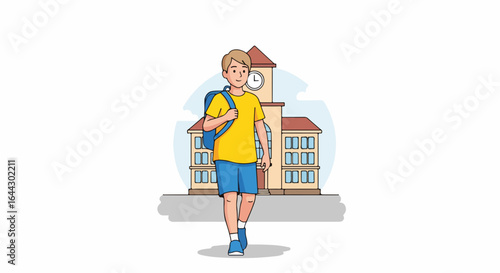 Schoolboy with backpack walking to school building. Young student carrying school supplies in backpack on way to class. Illustration perfect for educational materials promoting school attendance.