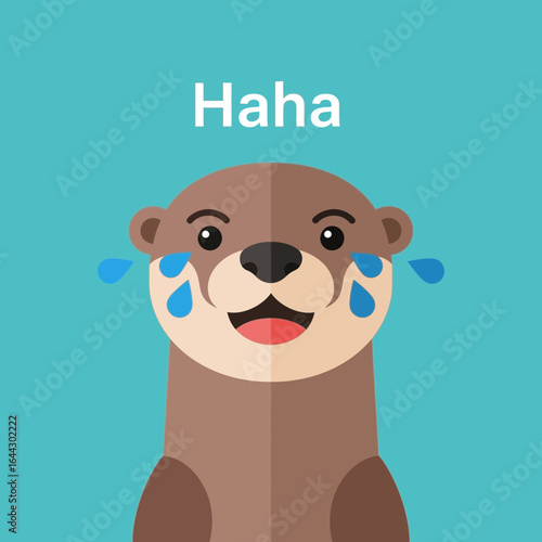 Cartoon otter laughing with tears of joy on blue background.