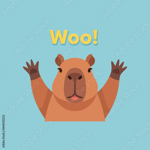 Cartoon capybara with raised paws and text "Woo!"