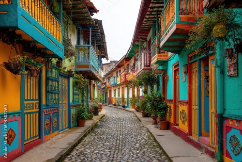 Wallpaper Mural Vibrant rainbow-hued houses with ornate balconies and terracotta rooftops line the cobblestone streets of Salento, Quindio, Colombia, showcasing the town's rich cultural heritage. Torontodigital.ca
