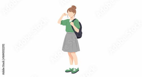 Young girl student with backpack, green shirt and gray pleated skirt. Schoolgirl ready for classes, adjusting her hair with confident posture.  Stylish schoolgirl illustration for education,
