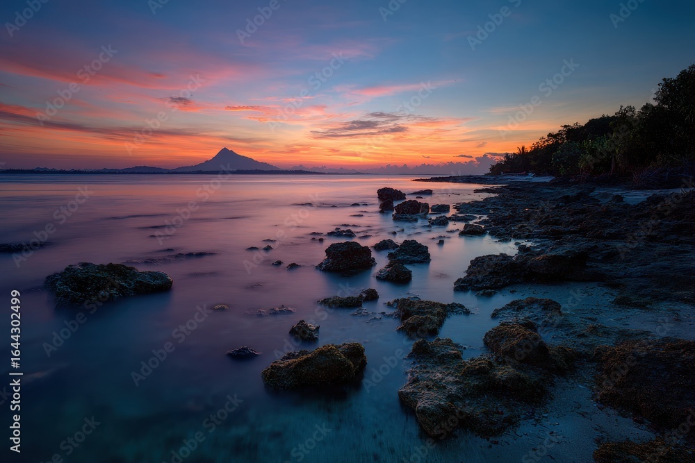Vibrant Red Southeast Asian Sunset - Long Exposure Beach Scene. Vibrant Red Southeast Asian Sunset - Long Exposure Beach Scene.