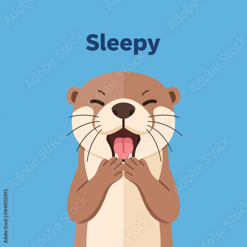 Otter yawning with eyes closed on blue background.