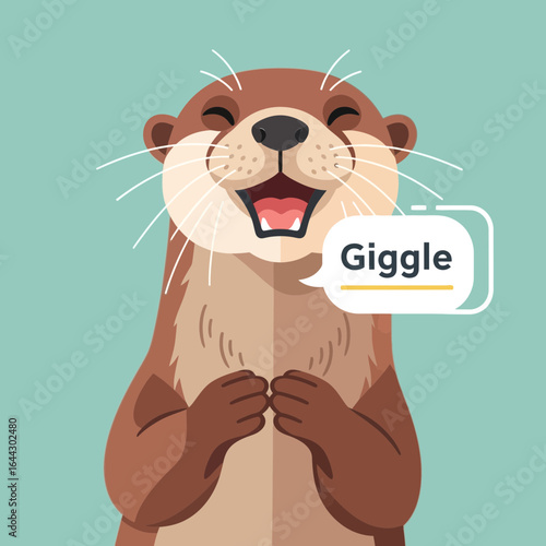 Happy otter with a speech bubble saying giggle.