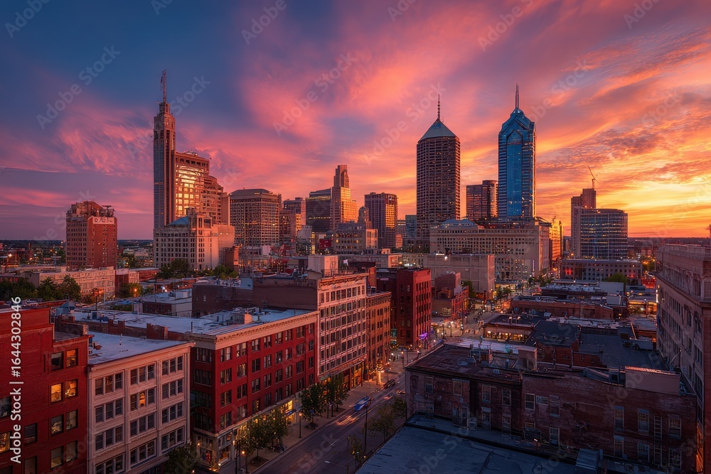 Obraz premium Vibrant sunset casts a warm glow on the eclectic mix of ancient and modern buildings that shape the iconic Indianapolis cityscape skyline.