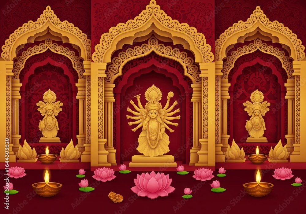 Fototapeta premium A beautiful paper art depiction of a Durga Puja or Navaratri pandal, with the goddess idol, diyas, and festive decorations 