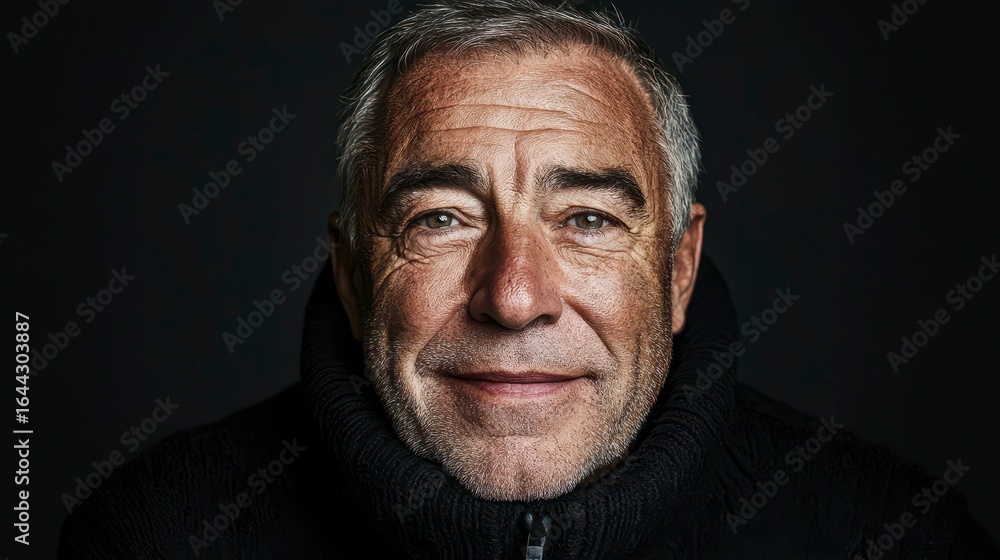 Close-up portrait of a mature man with a warm smile, showcasing deep facial features and character against a dark background Close-up portrait of a mature man with a warm smile, showcasing deep facial features and character against a dark background
