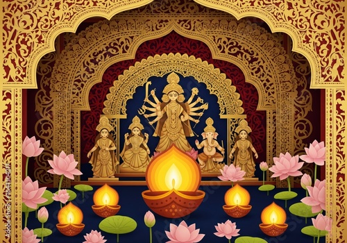 A beautiful paper art depiction of a Durga Puja or Navaratri pandal, with the goddess idol, diyas, and festive decorations
