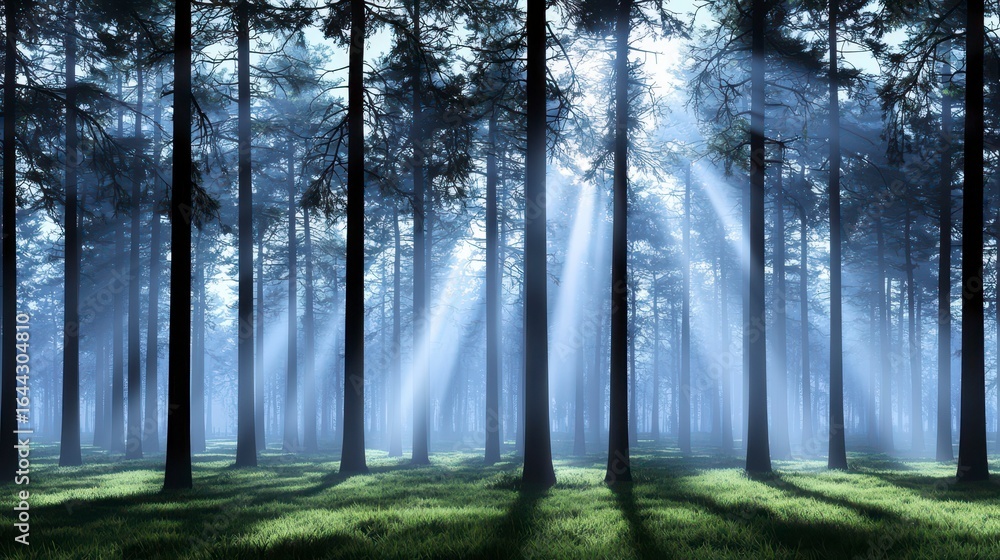 Fototapeta premium A serene forest bathed in soft sunlight filtering through tall trees, creating an enchanting atmosphere of tranquility and wonder