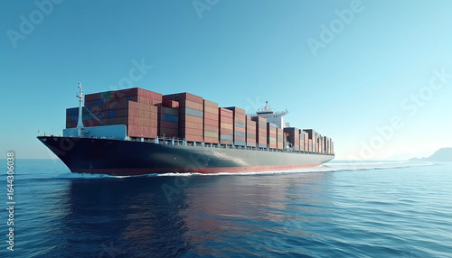 A massive cargo container ship sailing through calm blue ocean waters under a clear sky