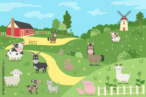 Farm animals with spring landscape. Cow, horse, donkey, sheep, goat, pig, dogs and cat. Vector illustration in flat style.
