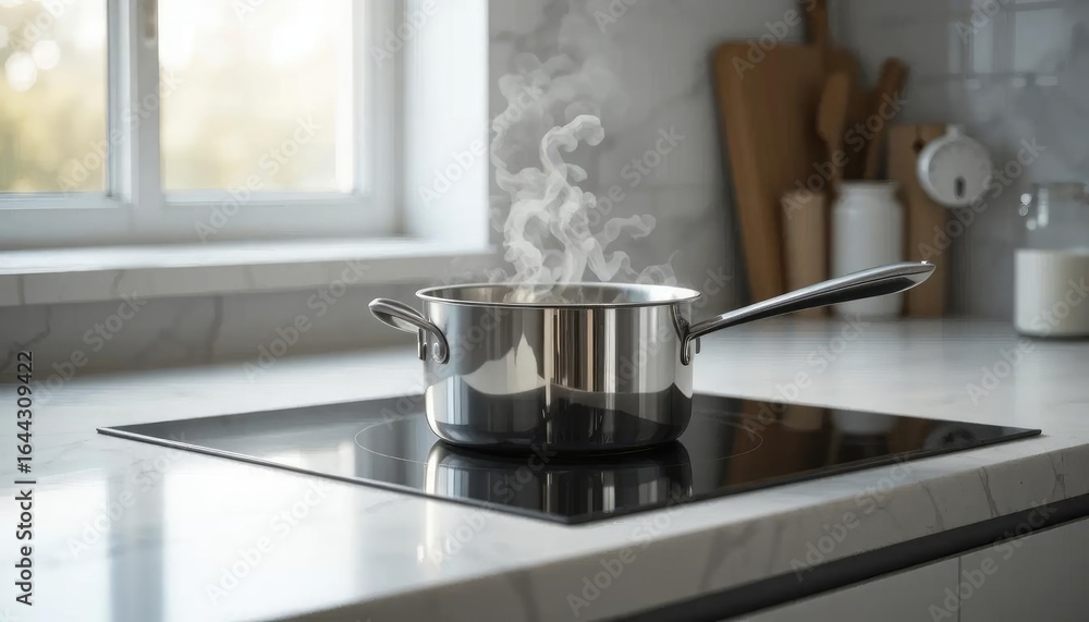 A pot on a stove with steam rising from the cooking liquid, perfect for images of food preparation or kitchen scenes A pot on a stove with steam rising from the cooking liquid, perfect for images of food preparation or kitchen scenes
