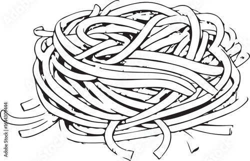 Black and white drawing of a nest of spaghetti isolated on a white background