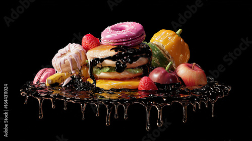 Surreal still life of artificially perfect food melting into darkness, symbolizing modern dietary contradictions.