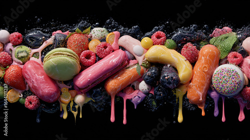 Surreal still life of artificially perfect food melting into darkness, symbolizing modern dietary contradictions.