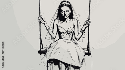 Bride in wedding dress sitting on a swing with a serious expression  