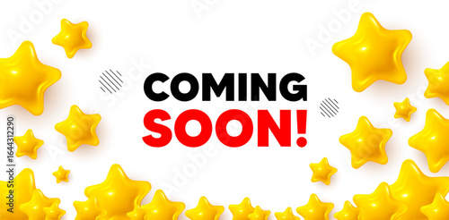 Coming soon winner banner with 3d stars. Golden stars banner. Coming soon tag. Promotion banner sign. New product release symbol. Review rate background. Vector