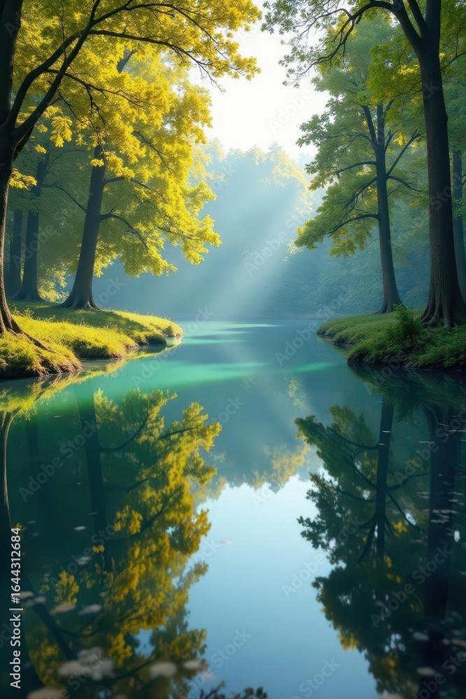 Fototapeta premium Water's surface reflected with trees peaceful surrounding, tranquil view, landscape photography, forest
