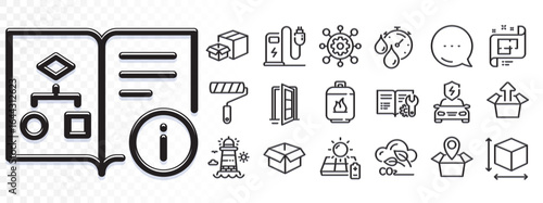 Solar panel, Technical algorithm and Opened box line icons for web app. Glare of light effect. Message icon. Pack of Packing boxes, Engineering documentation, Open door pictogram icons. Vector