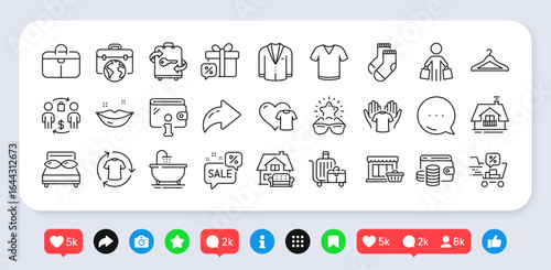Balcony, Pillows and Discounts cart line icons pack. Social media: share, comment, like icons. Discounts bubble, Hold t-shirt, Wallet web icon. Suit, Bath, T-shirt pictogram. Vector