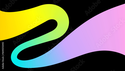 Rectangular background with abstract letter S, rainbow curve smooth line, neon gradient. Web banner with 3d swirled dynamic liquid colored ribbon, tape on black. Vector EPS10
