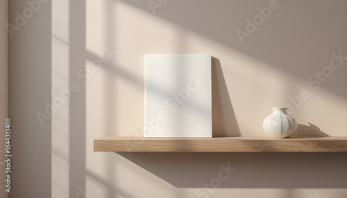 Wallpaper Mural Minimalist Book Display on Light Wood Shelf with Vase.A clean and modern image of a blank white book resting on a light-colored wooden shelf against a beige wall. Torontodigital.ca