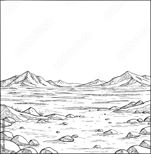 Rocky mountain landscape with distant peaks and scattered stones in natural terrain vector illustration 