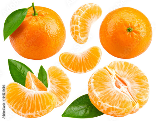 Fresh mandarins with peeled slices isolated on transparent background