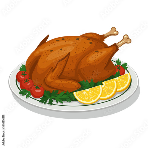 Roast turkey served on a platter with tomatoes and lemon slices, transparent background, isolated, vector  