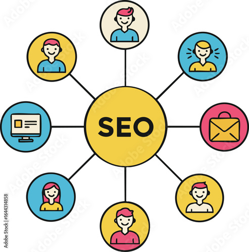 SEO concept with connected people icons and digital communication symbols in colorful circles vector illustration 