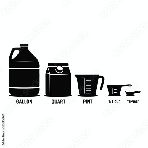 Collection of black liquid measuring containers including gallon quart pint and tablespoon sizes