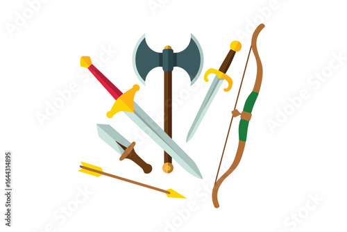 Collection of fantasy medieval weapons and archery gear