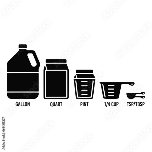 Collection of various liquid measuring containers and bottles for cooking and baking