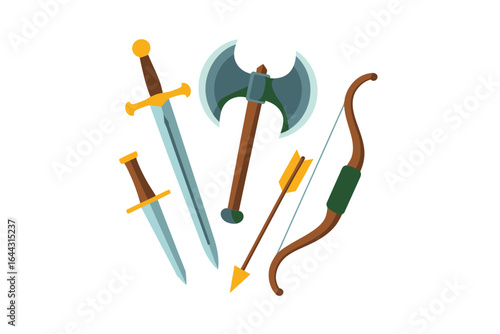Fantasy medieval weapons collection including sword axe bow and arrow
