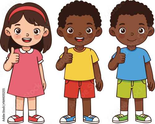 Three happy children giving thumbs up gesture in colorful casual clothes vector illustration cheerful positive kids 