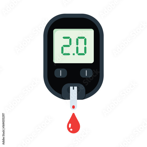 Blood glucose meter with a drop of blood on a test strip