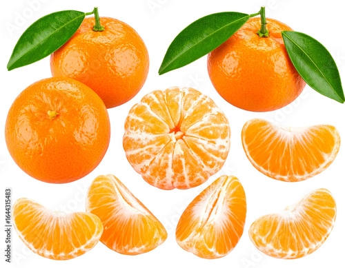 Whole and peeled tangerines isolated on transparent background