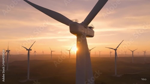 Stunning aerial drone cinematography of wind turbines at golden hour sunrise.4K footage with smooth camera movements showcasing sustainable energy technology. Perfect for clean energy campaigns.